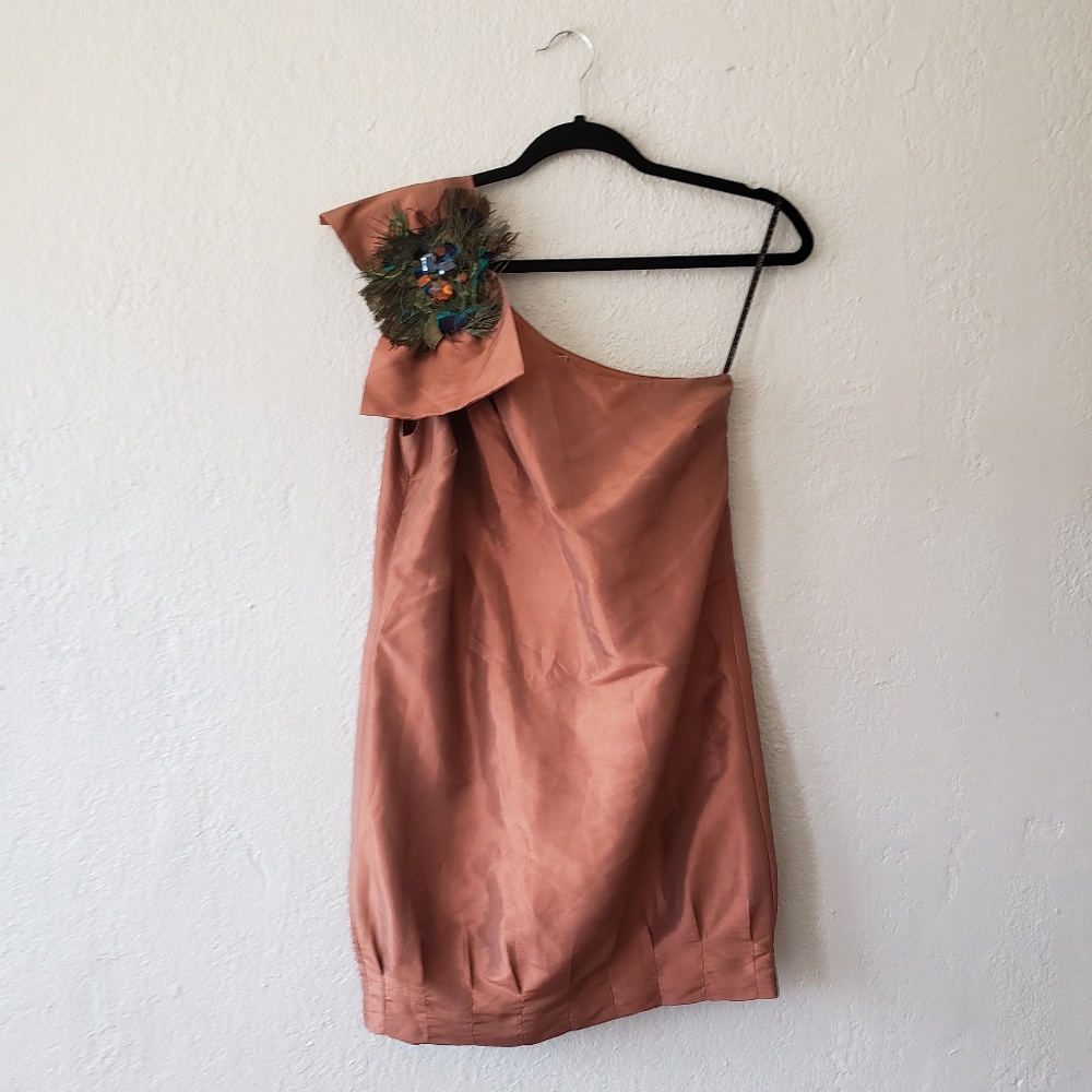 TWELVE BY TWELVE RUST/COPPER ONE SLEEVE DRESS.